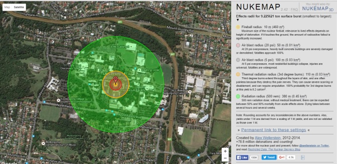 A Nukemap simulation of Superman's Super Flare ability at the UOW campus. Source: NuclearSecrecy.com