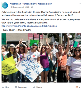 AHRC Facebook post on sexual assault on college/university campuses. Link in image. Source.