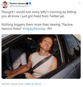 Screenshot of a Tweet of Pauline Hanson in a car with the window down