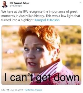 Screenshot of a Tweet where Pauline Hanson is stuck on and the caption reads 'I can't get down'