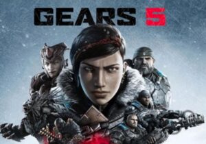 Gears 5 logo with several characters in winter jackets against a cold grey or blue background