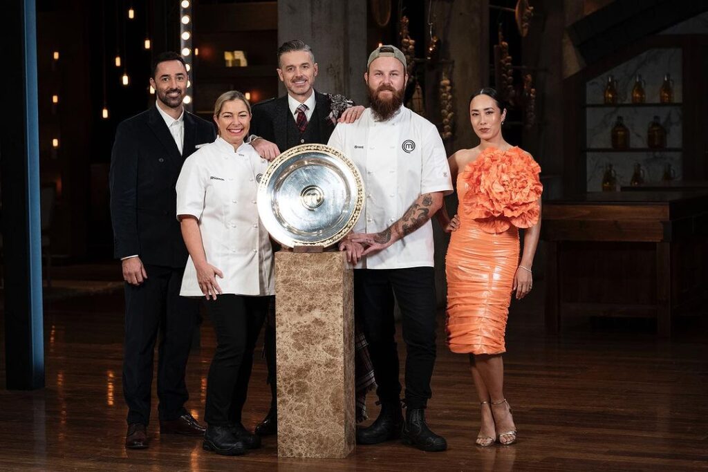 Andy Allen, Rhiannon Anderson, Jock Zonfrillo, Brent Draper, Melissa Leong and the coveted MasterChef Australia 2023 trophy. Ten