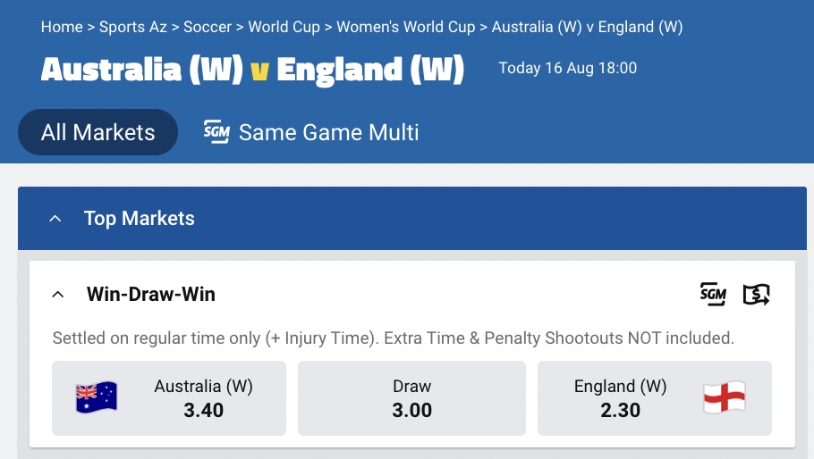 Check out the betting odds for The Matildas to win against England