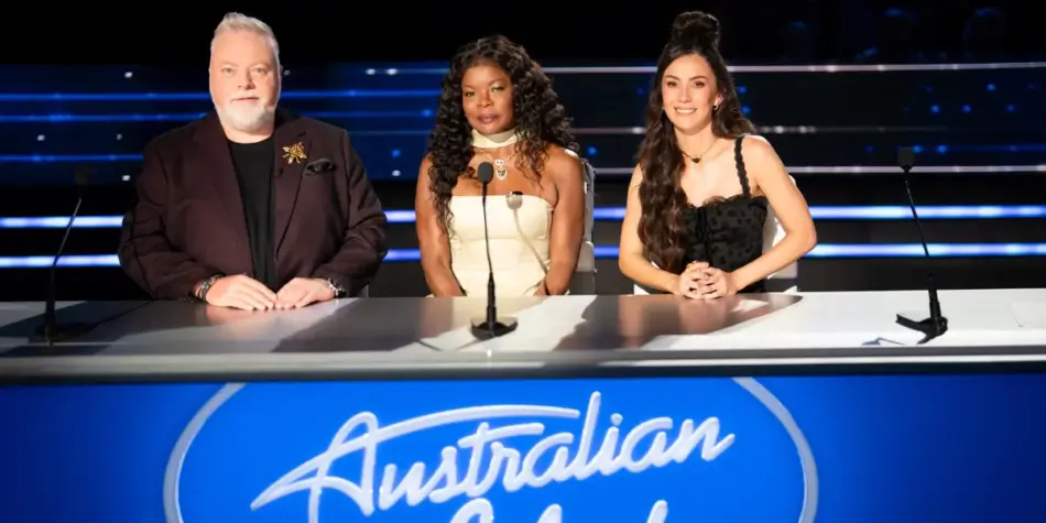 Australian Idol 2025 judges Kyle Sandilands, Marcia Hines, and Amy Shark seated at the judges' panel