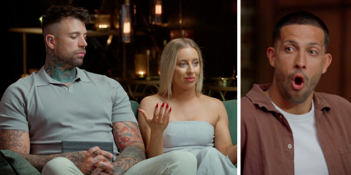 Split image from MAFS 2025: Dave and Jamie talking on a couch (left) and Teejay reacting with surprise (right)