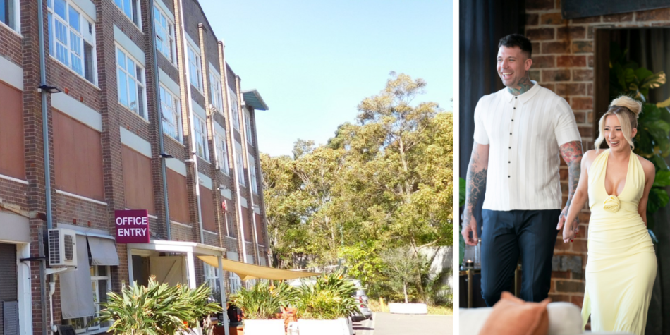 Split image: Parachute Regiment Building (left) and Dave & Jamie arriving hand-in-hand at a MAFS 2025 dinner party (right)
