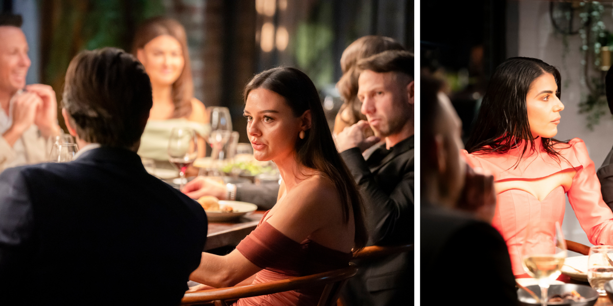Split image from a MAFS 2025 dinner party: Veronica engaged in an intense conversation (left) and Carina in a pink outfit with a serious expression (right)