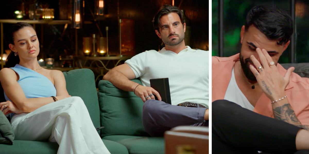 Veronica and Eliot on MAFS 2025 to the left, Adrian looking confused while laughing to the right.