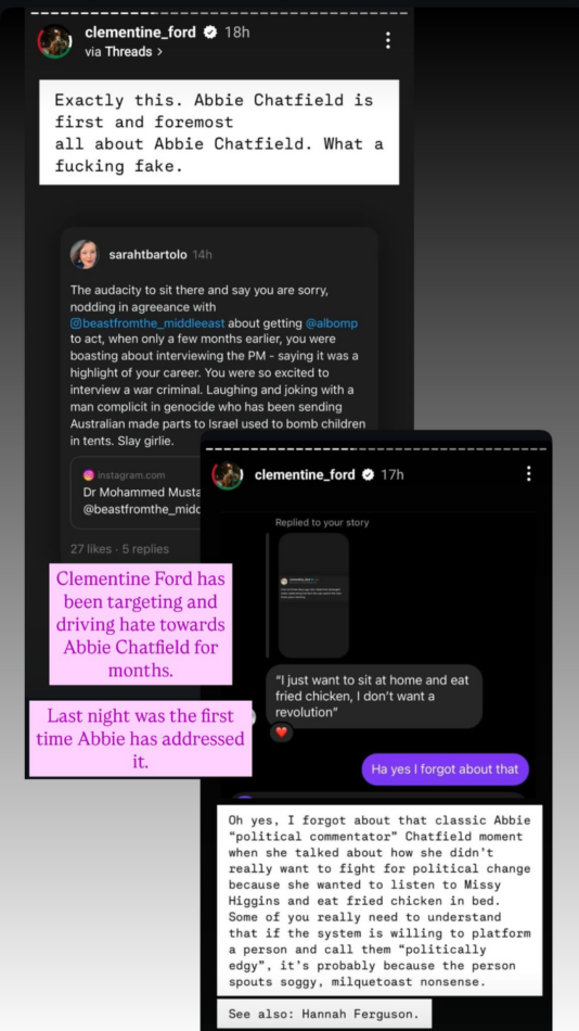 Clementine Ford calling Abbie a "fucking fake" in an Instagram Story