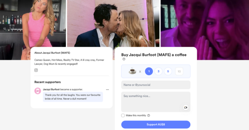 MAFS" Jacqui Burfoot's "buy me a coffee" page with her own comment