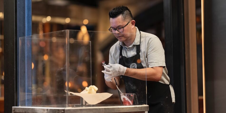 Jimmy making his Balloon Puppy during the MasterChef Australia Pressure Test.