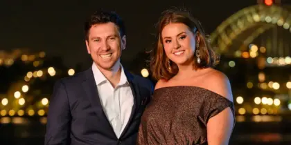 Love Triangle's Payton and Dante standing in front of the Sydney harbour bridge.