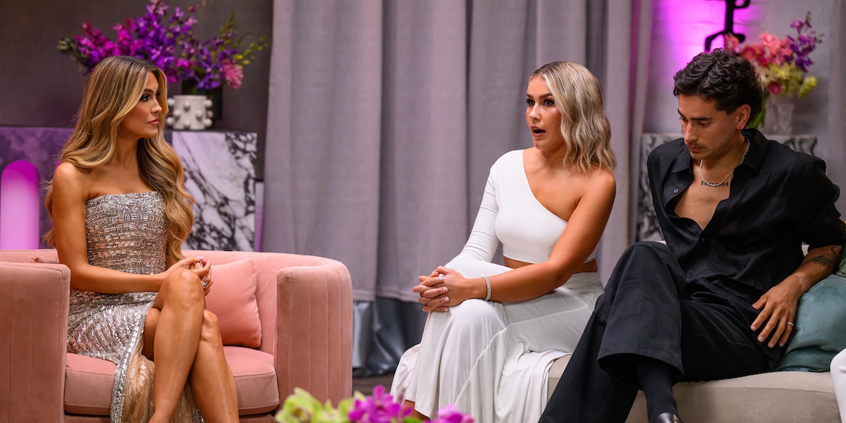 Love Triangle's Chloe, Bernie and Chrishell on the couch at the Reunion.
