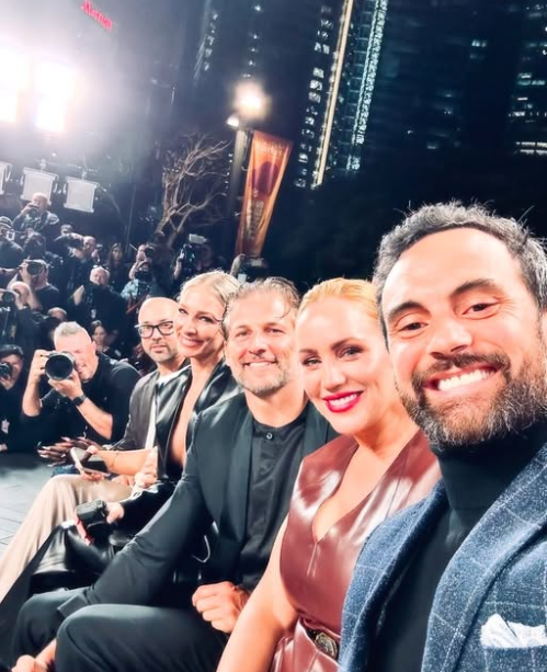 Jules and Cam Merchant, plus Anna Heinrich and TIm Robards at Australian Fashion Week