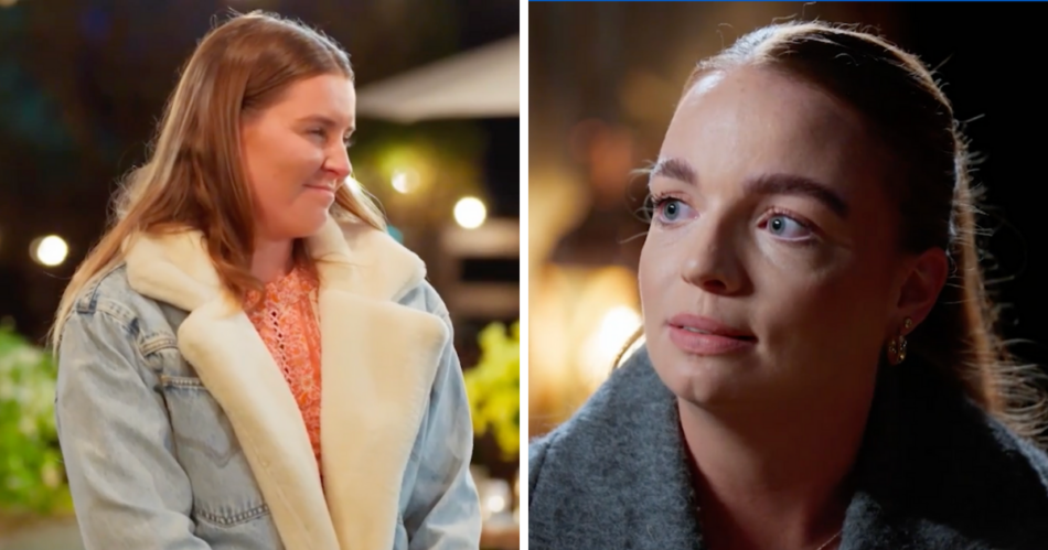 Farmer Wants A Wife Jenna (intruder) pictured in big coat, and Emma looking sad after Tom breaks up with her