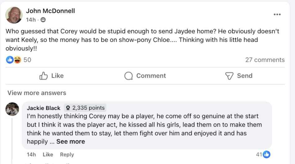 Fans react to Corey's choice to eliminate jadee