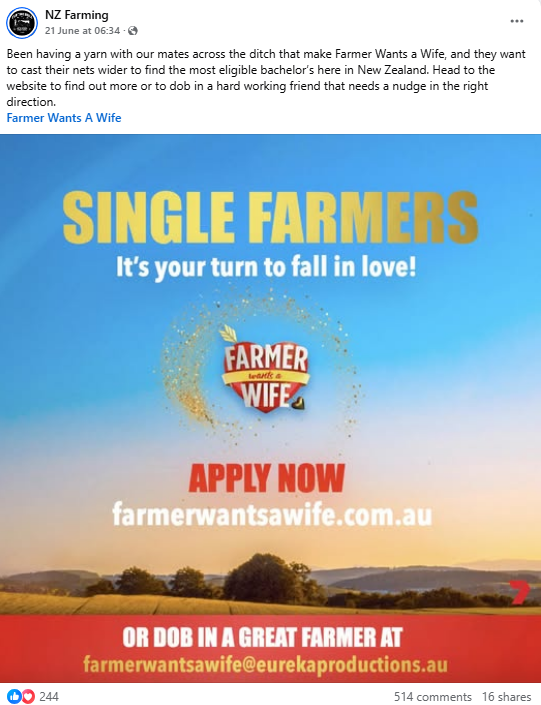 Farmer Wants A Wife Australia advertisement for NZ New Zealand screenshot from Facebook