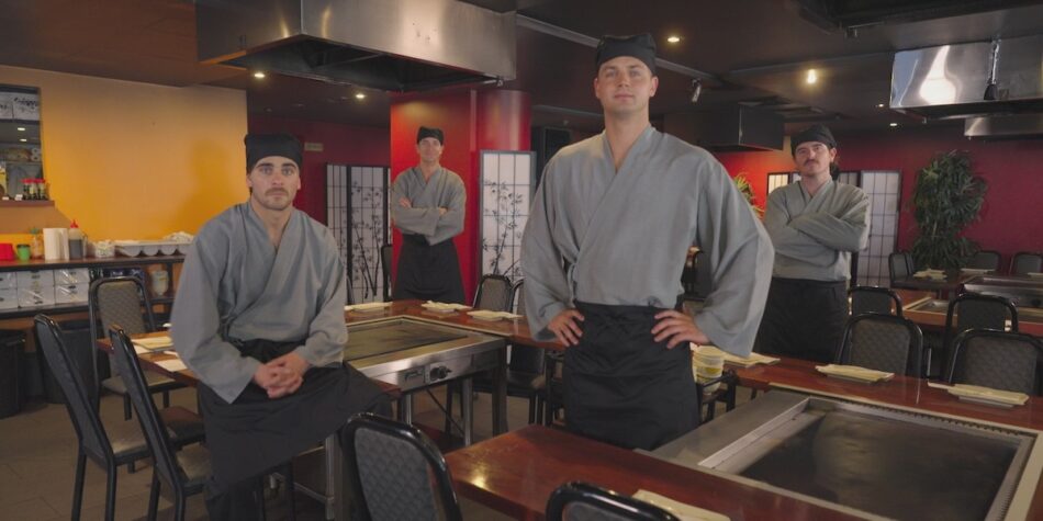Falcon, Jack, Liam and Dom as Teppanyaki Chefs on The Inspired Unemployed (Impractical) Jokers.
