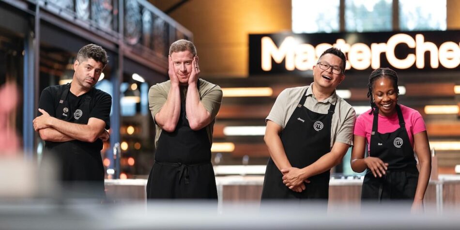 Tim Bone in a MasterChef challenge with Ben, Jimmy and Rue.