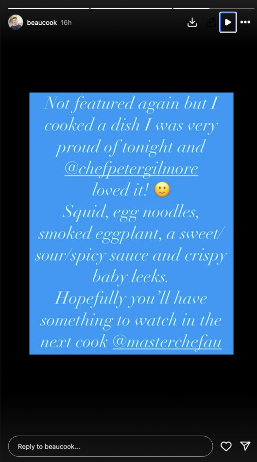 Beau cook's instagram story about masterchef