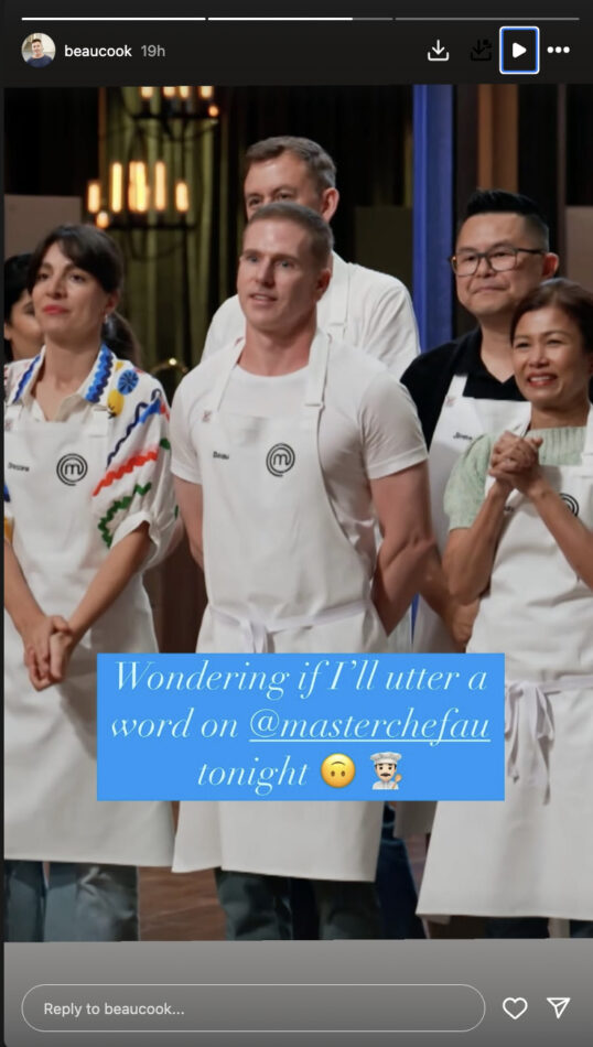 Beau cook's instagram story about masterchef