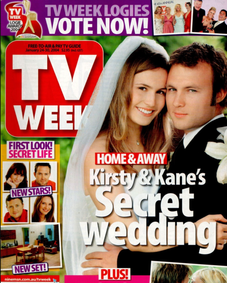 Christie Hayes as Kirsty Sutherland and Sam Atwell as Kane Phillips on the cover of TV Week in wedding attire