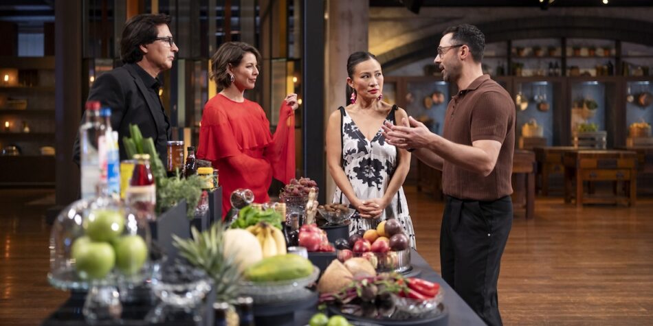 Jean Christophe, Sofia, Poh and Andy in the MasterChef Australia kitchen. Image: Ten.
