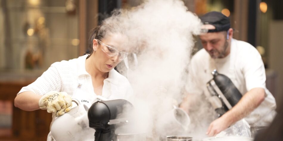 Laura and Jamie working with liquid nitrogen on MasterChef Australia