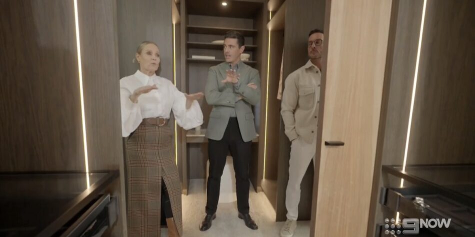 Shaynna, Darren and Marty judging Alicia and Sonny's room.