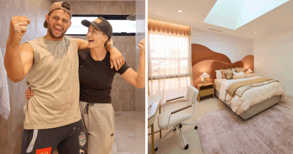 The Block House Three Taz and Britt pictured in bathroom, with one bedroom as the composite image 
