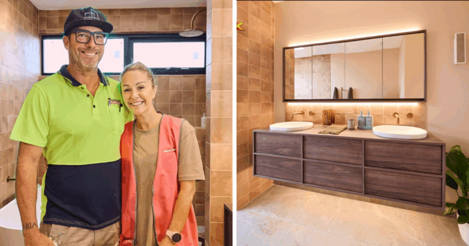 The Block house 4 bathroom with Sonny and Alicia pictured smiling 