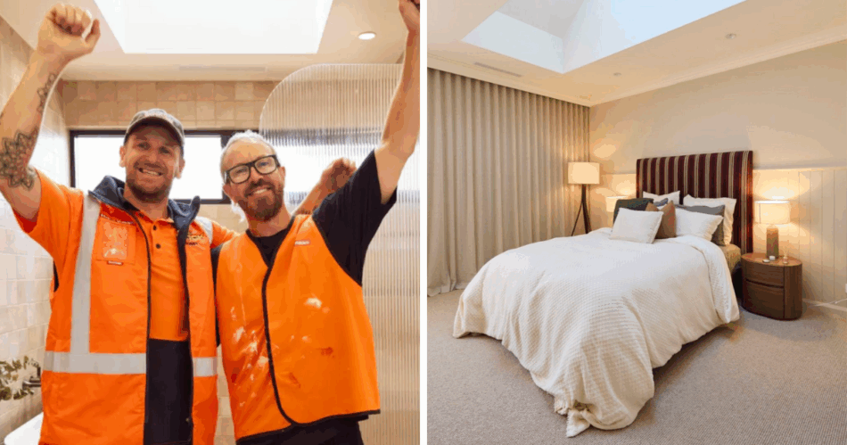 The Block House 5: Robby and Mat pictured with hands in air and one bedroom 