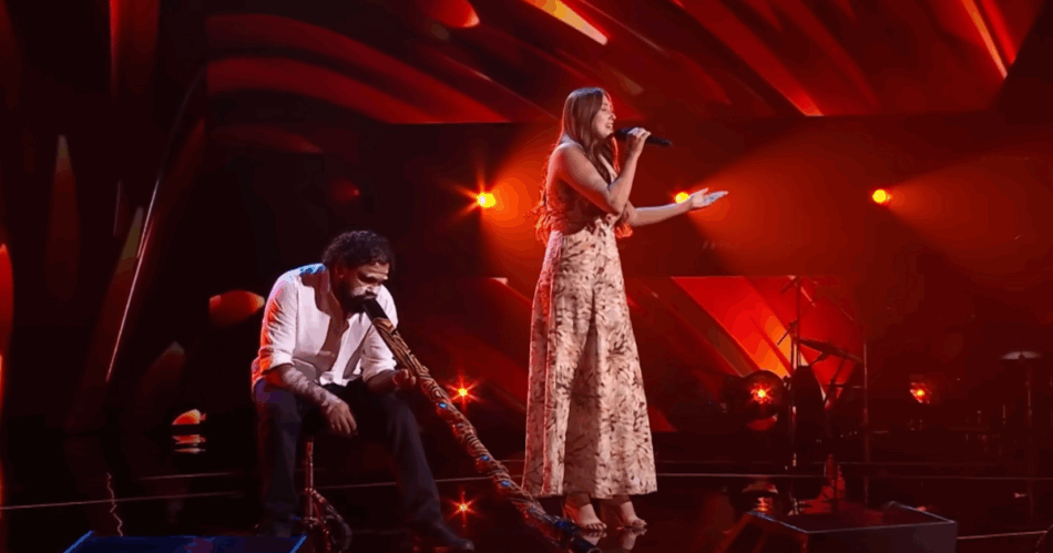 Olivia Coe Fox on The Voice pictured with her brother playing the didgeridoo