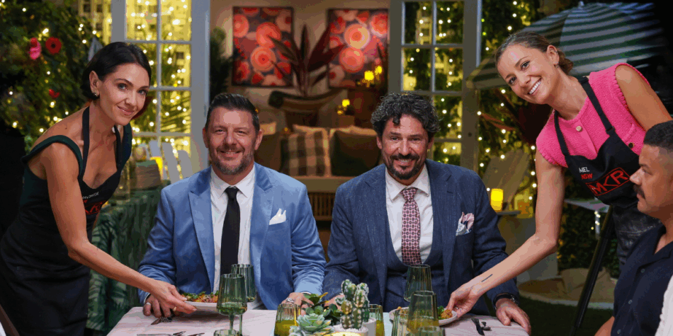 MKR 2025 Mel and Jacinta with the judges at their Instant Restaurant