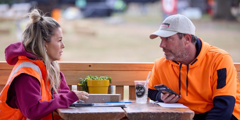 The Block's Sonny and Alicia discussing Britt and Taz's room win. Image: Nine.