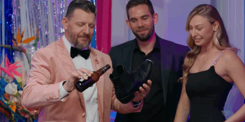 Manu preparing a shoey on My Kitchen Rules MKR with Michael and Rielli