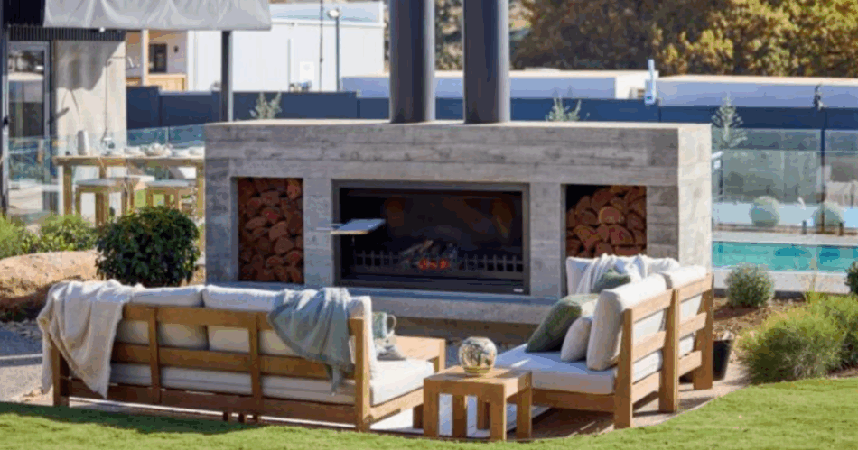 Mat and Robby's fireplace and pool on The Block 