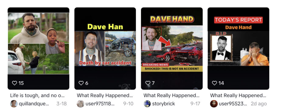 A search of Dave Hand's name on TikTok shows these videos. Image: TikTok.