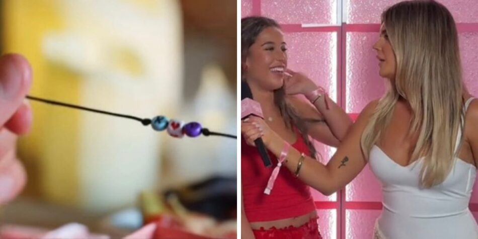 The bracelet Kye made (left) and Yana wearing a black bracelet with beads (right). Image: Nine/TikTok.