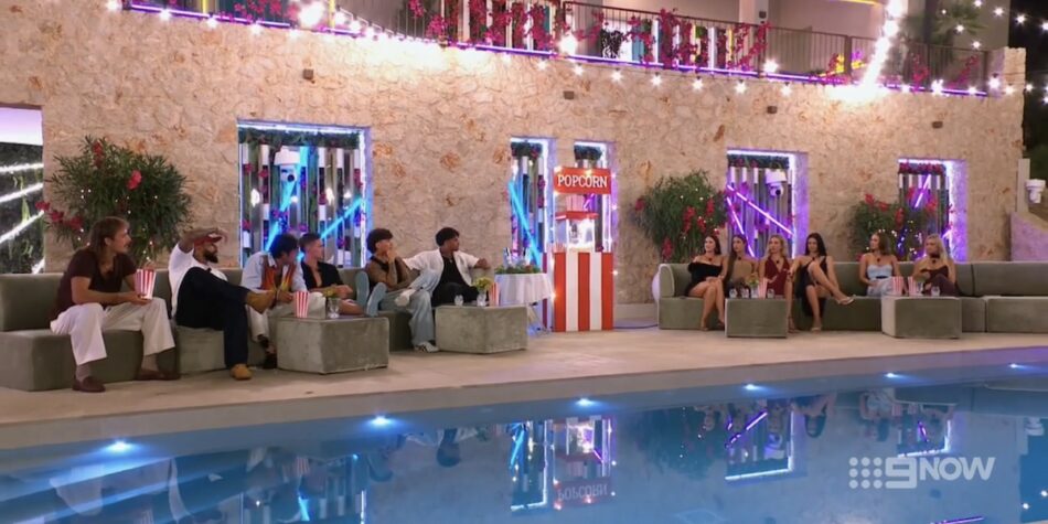 The boys coming for Gabby at Love Island's movie night. Image: Nine.
