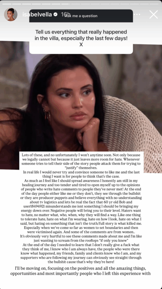 Love Island's Isabel's Instagram story.