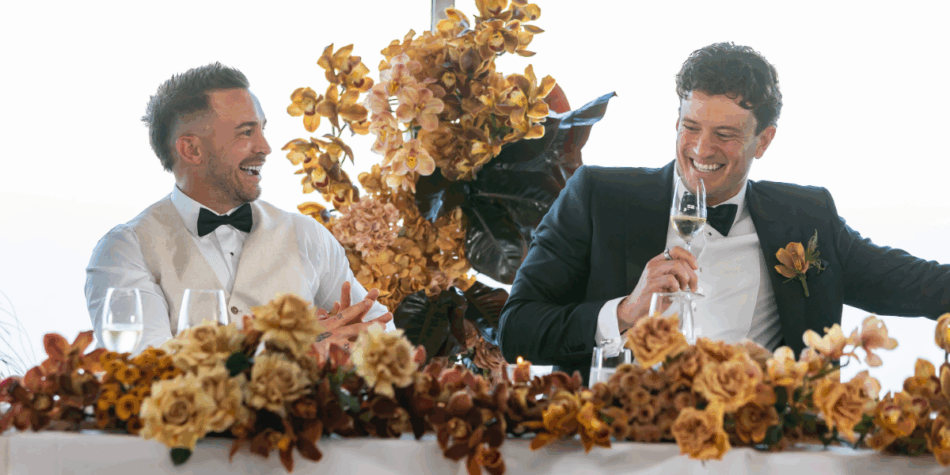 Gay grooms Chris Robinson and Sam Stanton during their MAFS 2026 wedding