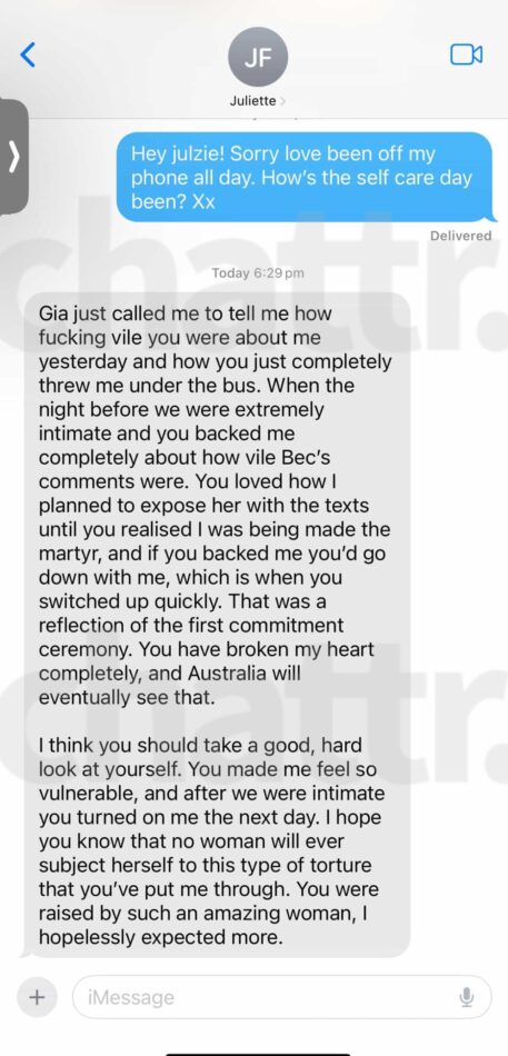 Juliette's text to Joel. Image: Supplied.