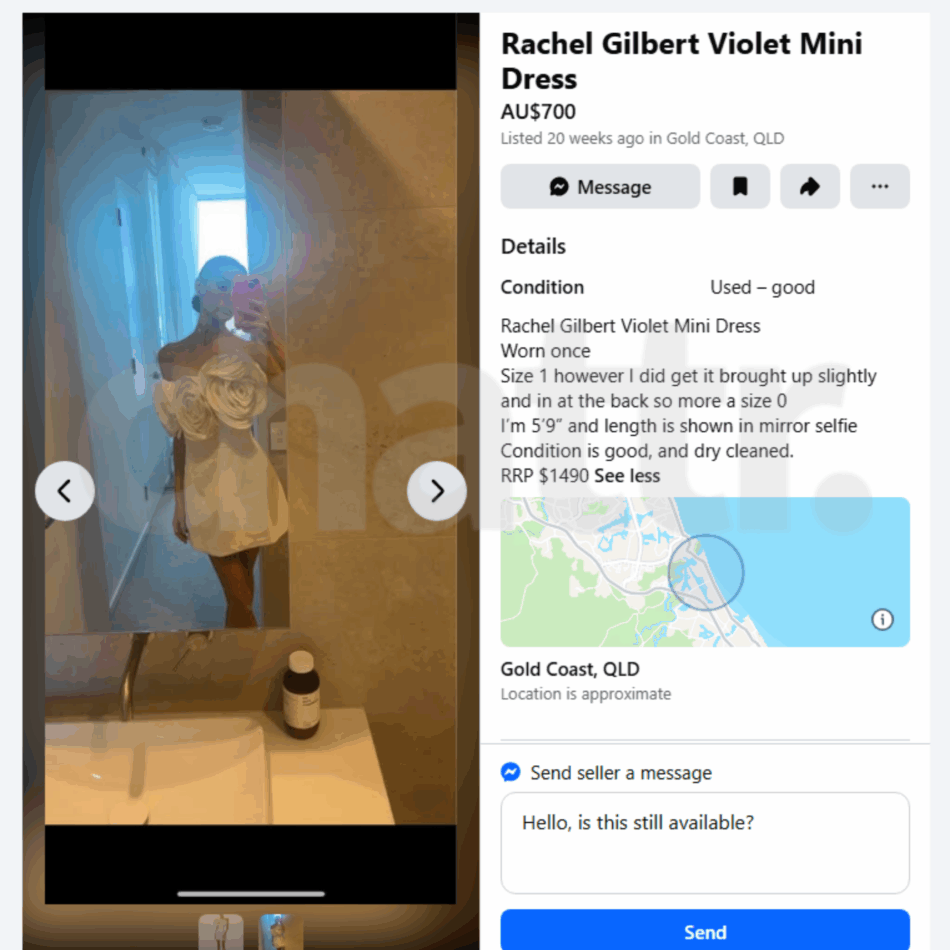 Brook Crompton selling MAFS 2026 dress on Facebook Marketplace