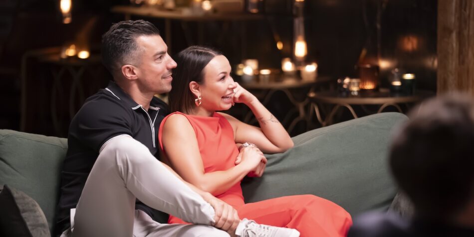 Filip and Stella on the MAFS couch talking to the experts Alessandra Rampolla, Mel Schilling and John Aiken. Image: Nine.