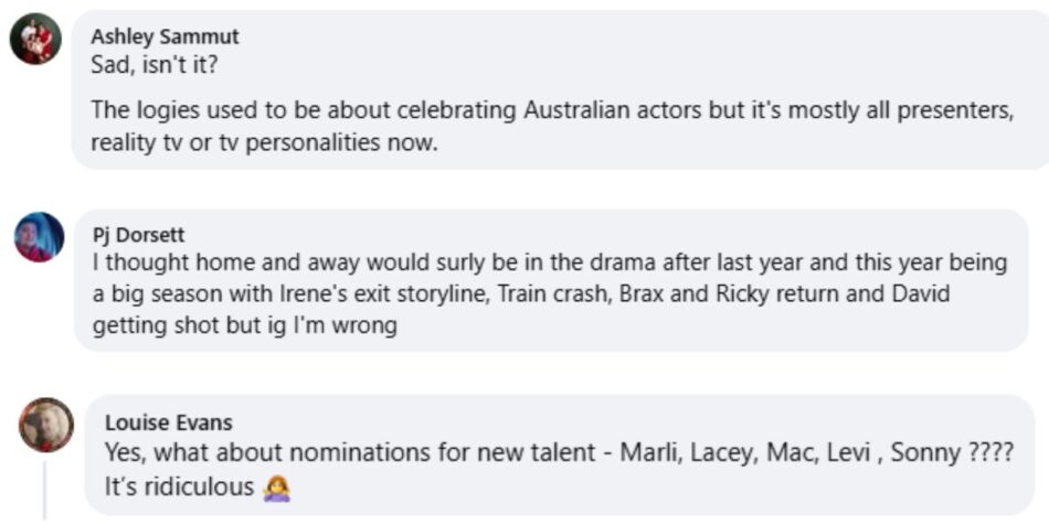 Screenshots of Facebook posts about Home and Away's Logies snub