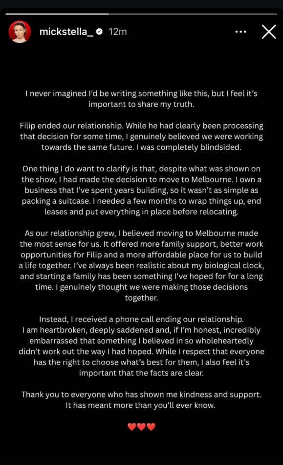 MAFS' Stella Mickunaite breakup statement from Filip Gregov shared on Instagram.