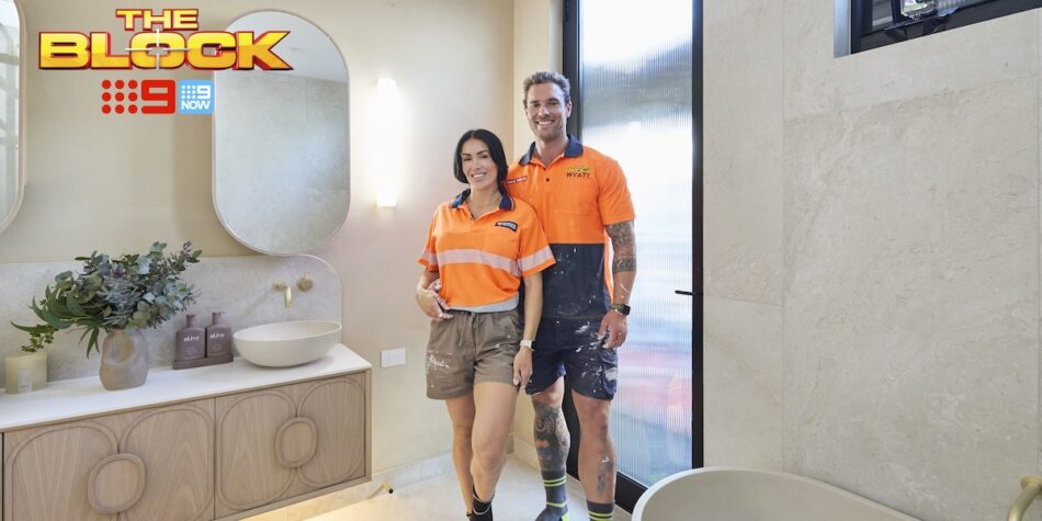 Chantel and Wyatt in the bathroom that Shaynna called "boring". Image: Nine.