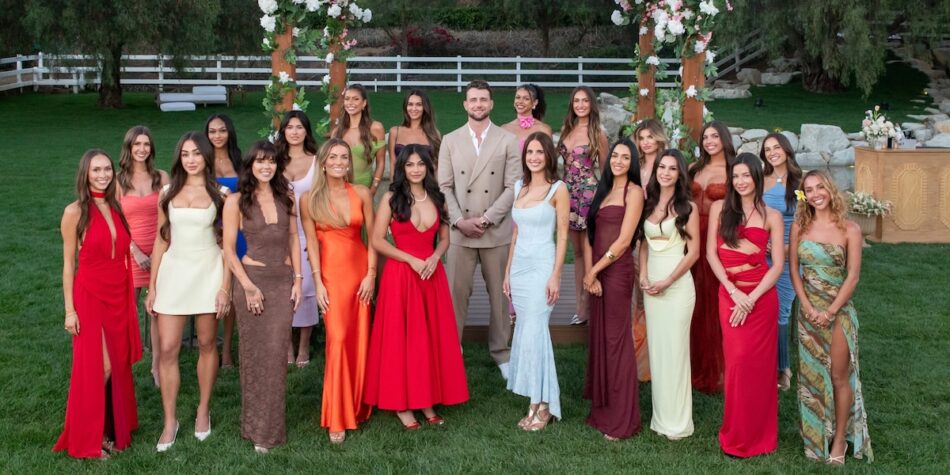 Harry Jowsey with his 20 fiancées on Marry Harry. Image: Netflix.