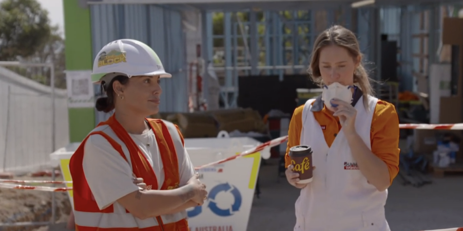 Lisa and Tayla talking to The Block foreman Dan over painting mistake. Image: Nine.